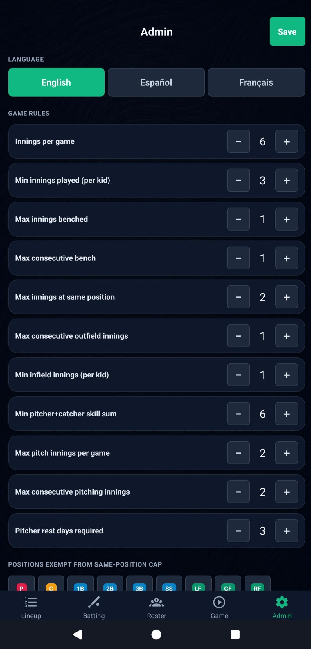 Coach settings for innings, playing time, and pitching rules