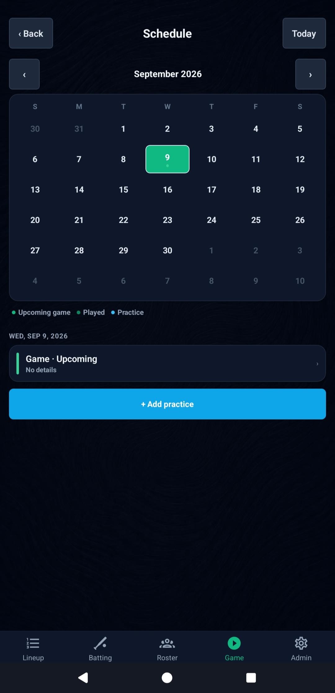 Team game and practice schedule